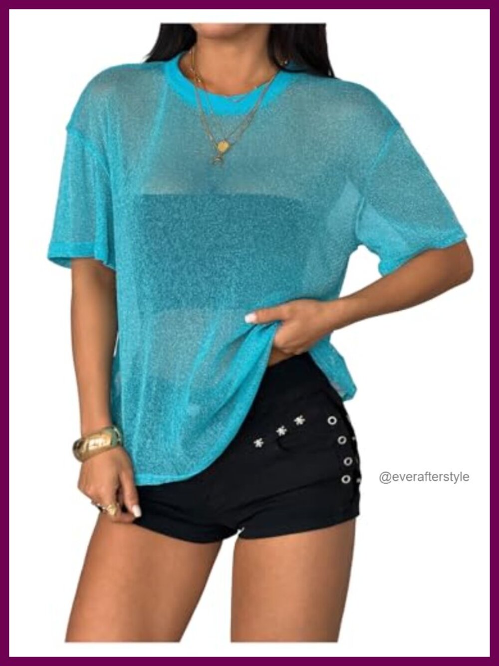 Sheer Glitter Mesh Top Short Sleeve Crew Neck Loose Fit Rave Clubwear